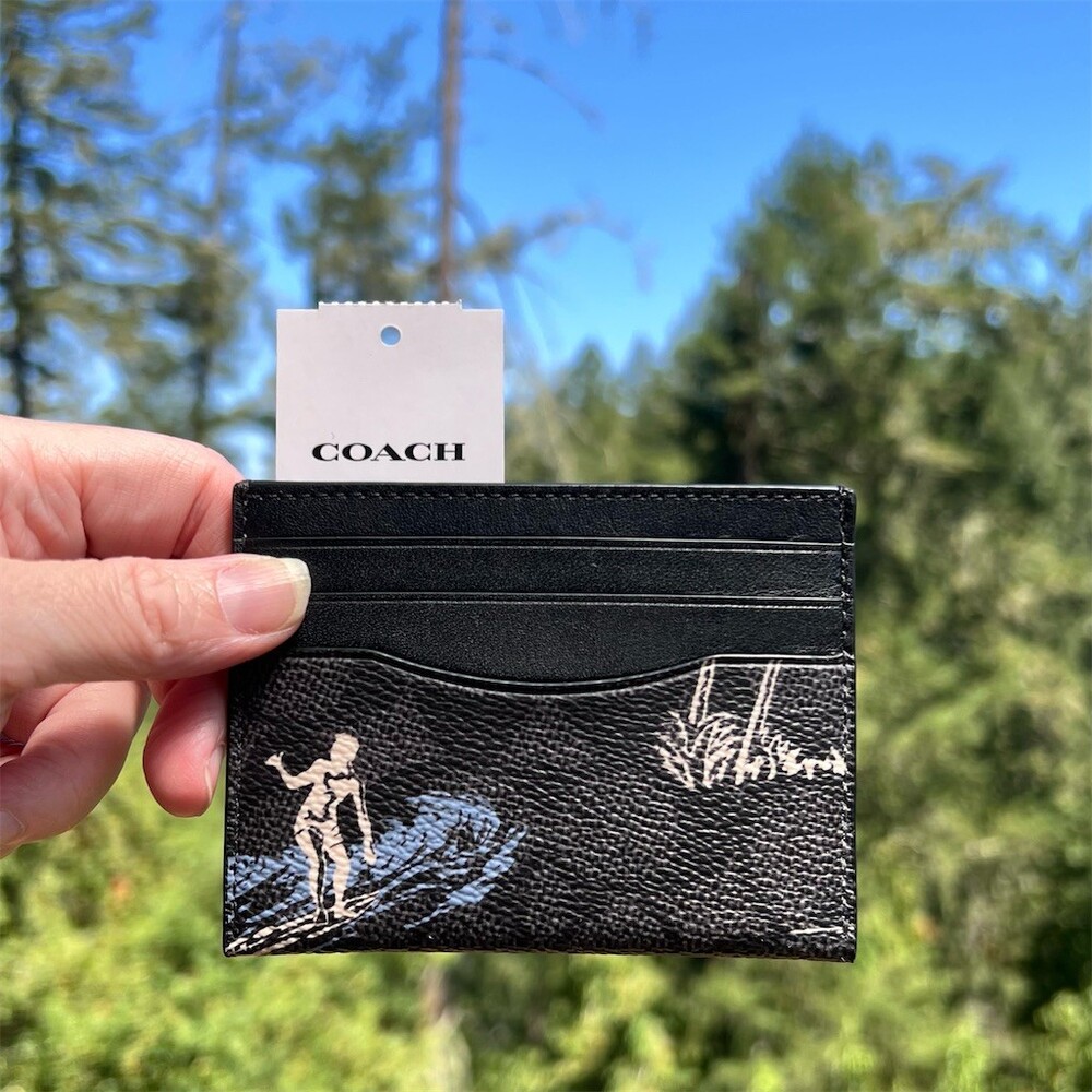 COACH Slim ID Card Holder Card Case Signature Canvas Surfer Print Authentic NWT